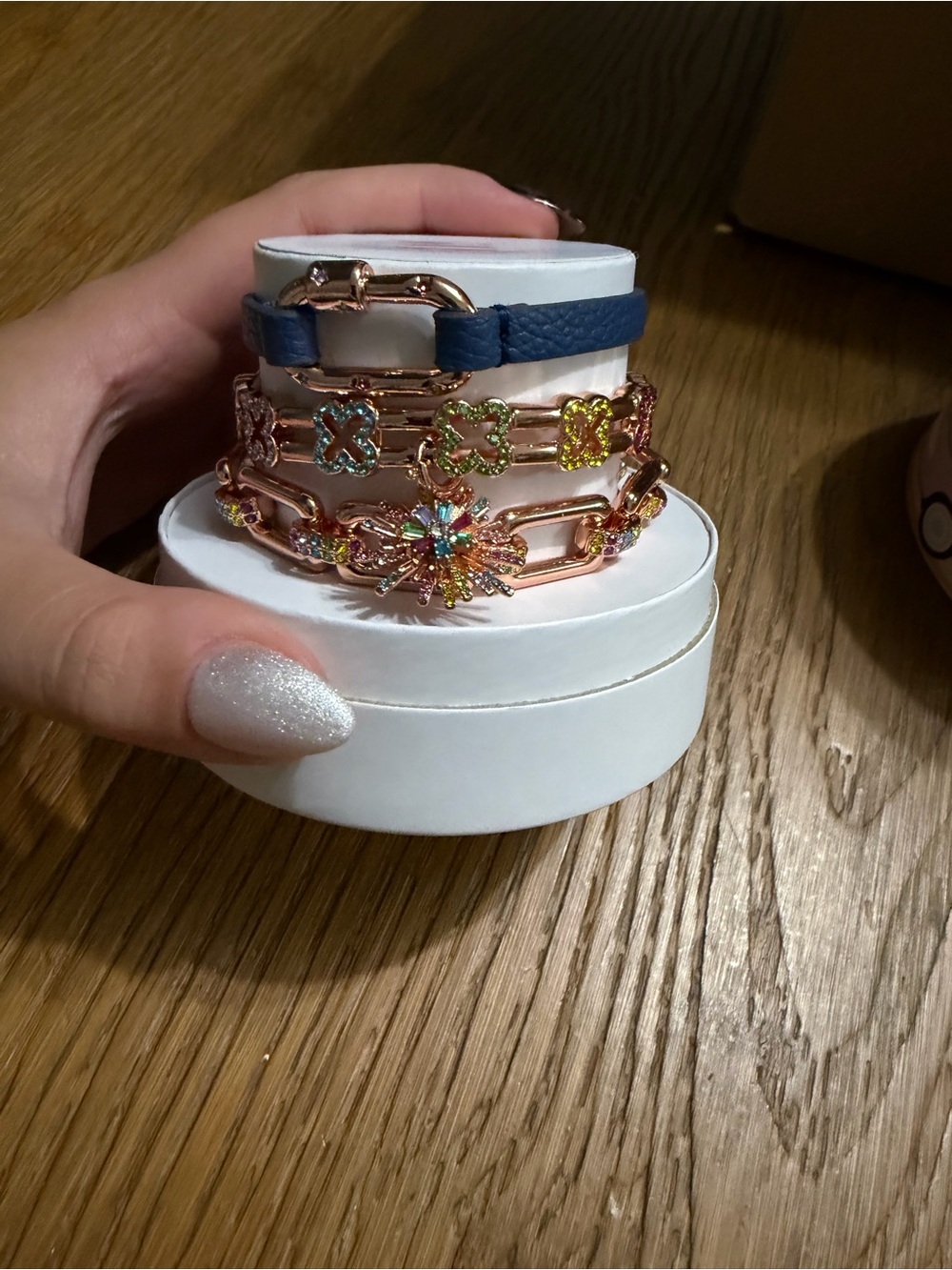 Multicolor Crystal Firework Link Bracelet Stack with Navy Leather Accent